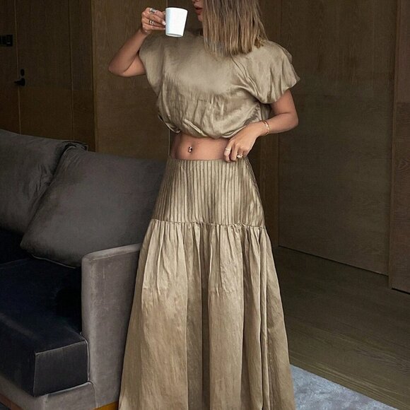 Dresses & Skirts - Coffee Brown Women's Vacation loose fit top with maxi skirt Outfit Set